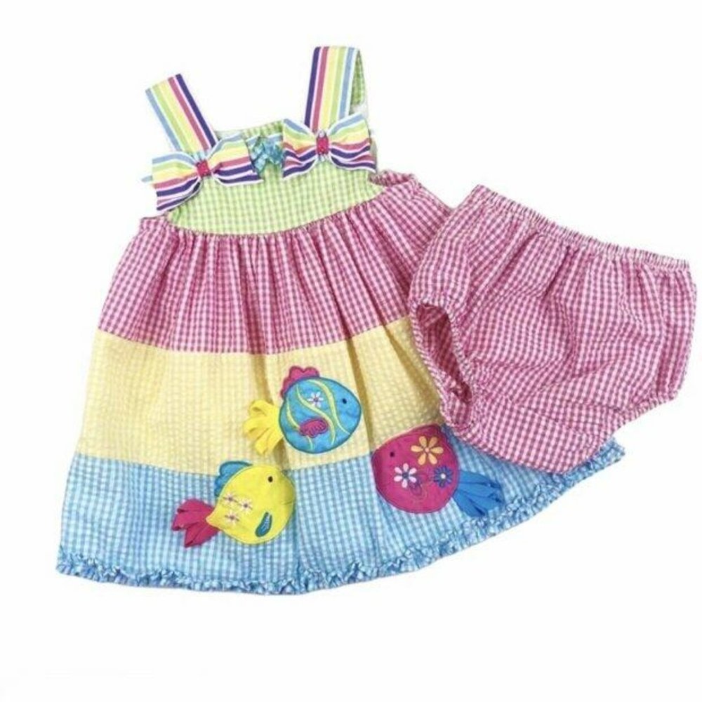Rare Editions Tiered Fish Seersucker Dress